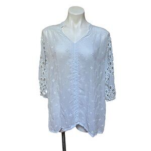 Johnny Was Eyelet Lace Sheer Floral Embroidered Tunic Shirt Blouse Top Size M